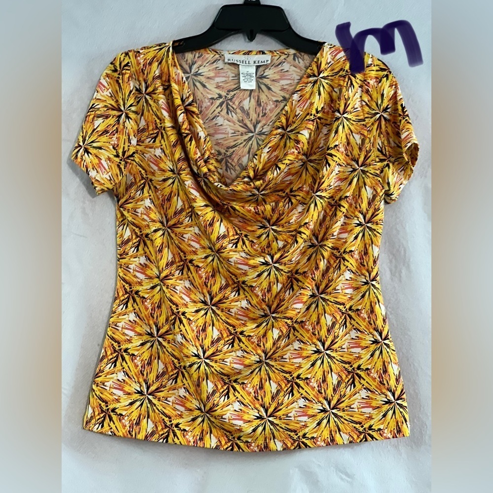LADIES MEDIUM YELLOW TOP WITH WHITE & ORANGE DESIGNS